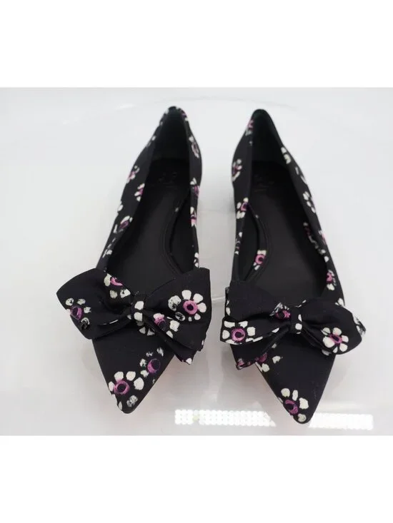 Tory Burch Rosalind Ballet Flats Women's Size 5 Black Floral Satin Bow Pointed - Picture 4 of 8
